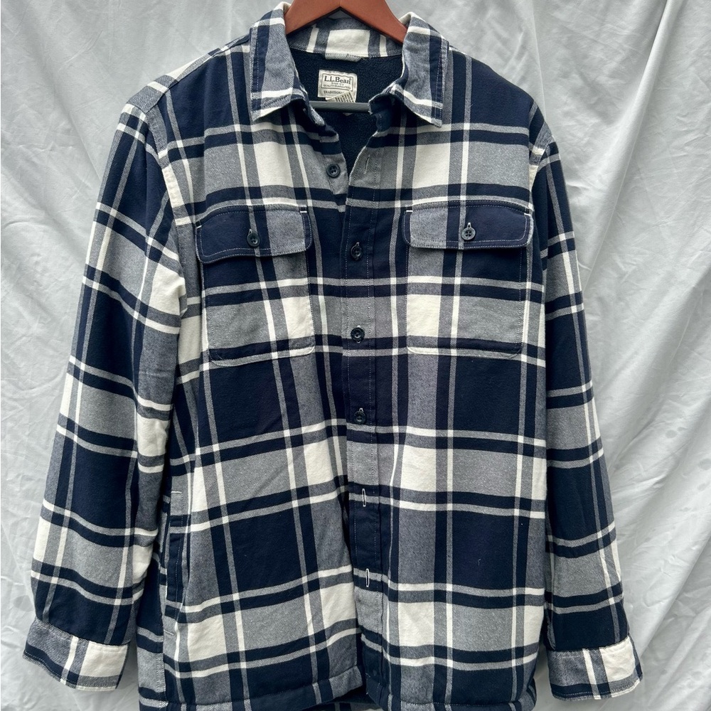 Men's L.L. Bean Navy and White Plaid  Flannel